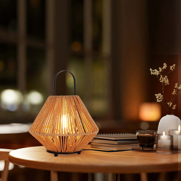 Woven Rattan Table Lamp – Diamond Shade, E27 Bulb, Dimmable, 310mm Height