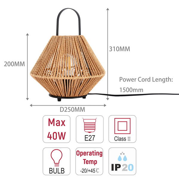 Woven Rattan Table Lamp – Diamond Shade, E27 Bulb, Dimmable, 310mm Height