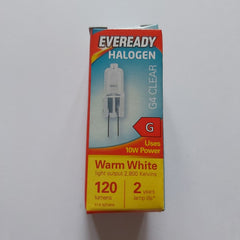 2 x EVEREADY G4 10W HALOGEN CLEAR 120 LUMEN WARM WHITE DIMMABLE LIGHT BULBS